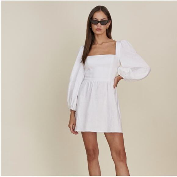 NEW Reformation $248 Brodie Puff Sleeve White Linen Open Back Mini Dress - Picture 1 of 8